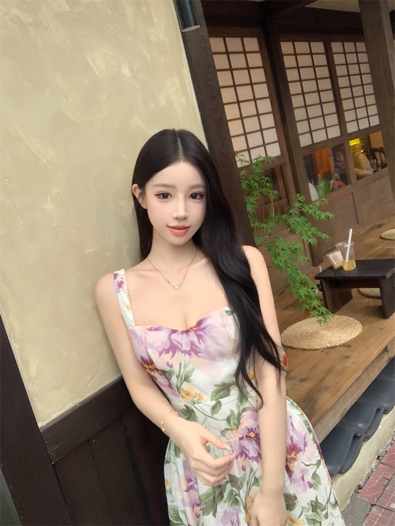 프랑스식 광장 칼라 품격 허리 수축 빅 플레어 스커트 통기성 모방 실크 프린트 드레스 상세 이미지 9
