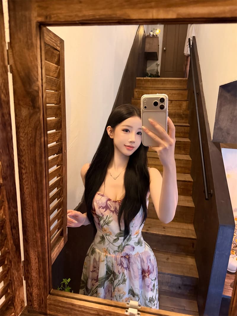 프랑스식 광장 칼라 품격 허리 수축 빅 플레어 스커트 통기성 모방 실크 프린트 드레스 상세 이미지 13