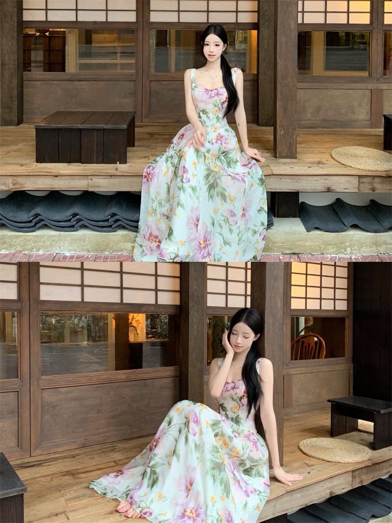 프랑스식 광장 칼라 품격 허리 수축 빅 플레어 스커트 통기성 모방 실크 프린트 드레스 상세 이미지 15