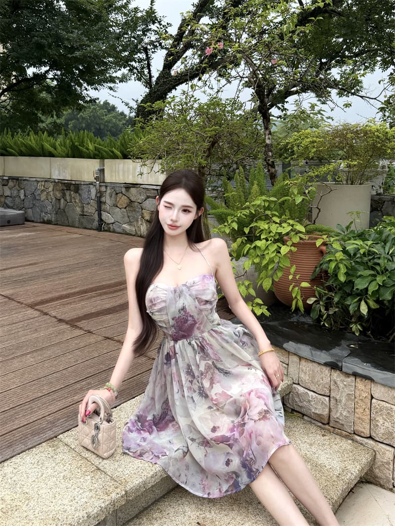 여름 도루 센스 낭만적 인 기질 허리 수축 행침 목 치마 튜브탑 벨트 가슴 패드 드레스