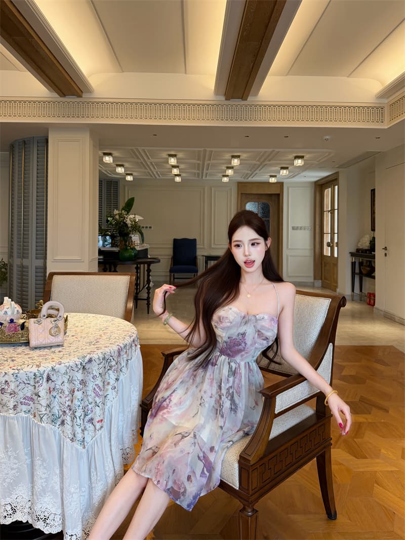 여름 도루 센스 낭만적 인 기질 허리 수축 행침 목 치마 튜브탑 벨트 가슴 패드 드레스 이미지 3