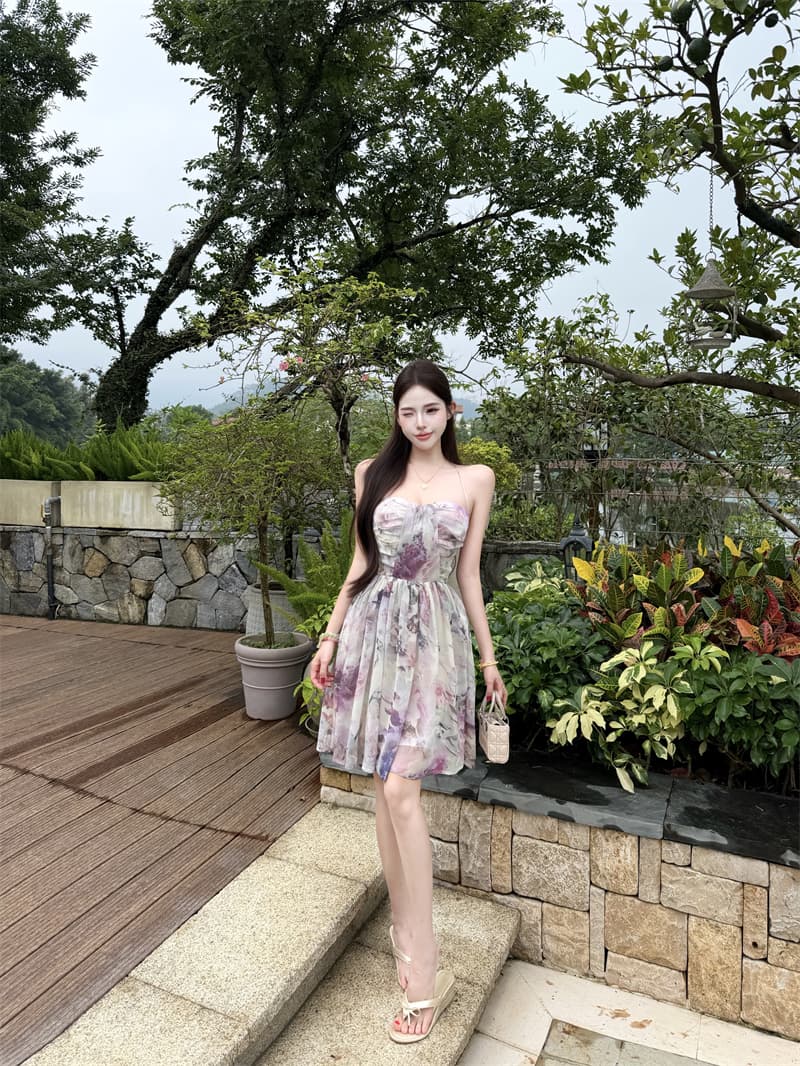 여름 도루 센스 낭만적 인 기질 허리 수축 행침 목 치마 튜브탑 벨트 가슴 패드 드레스 상세 이미지 4