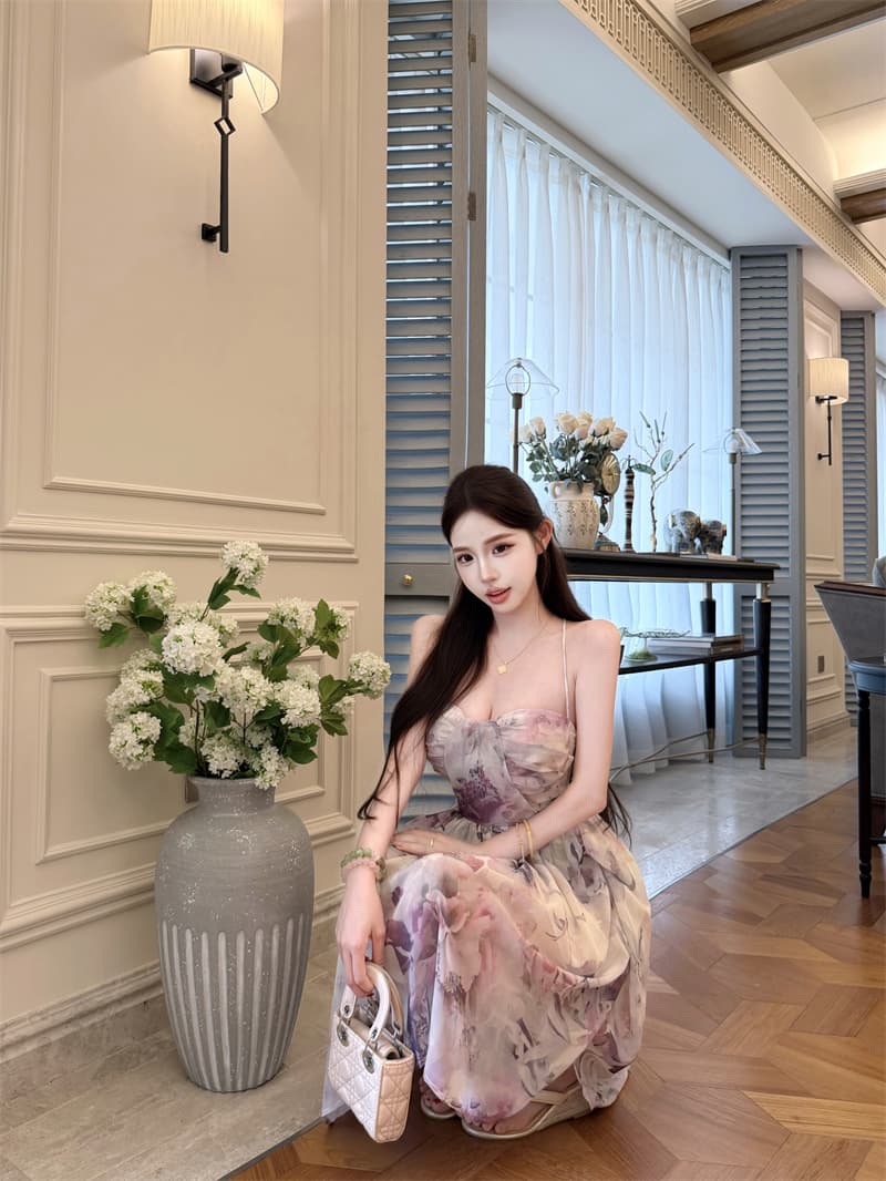 여름 도루 센스 낭만적 인 기질 허리 수축 행침 목 치마 튜브탑 벨트 가슴 패드 드레스 상세 이미지 8
