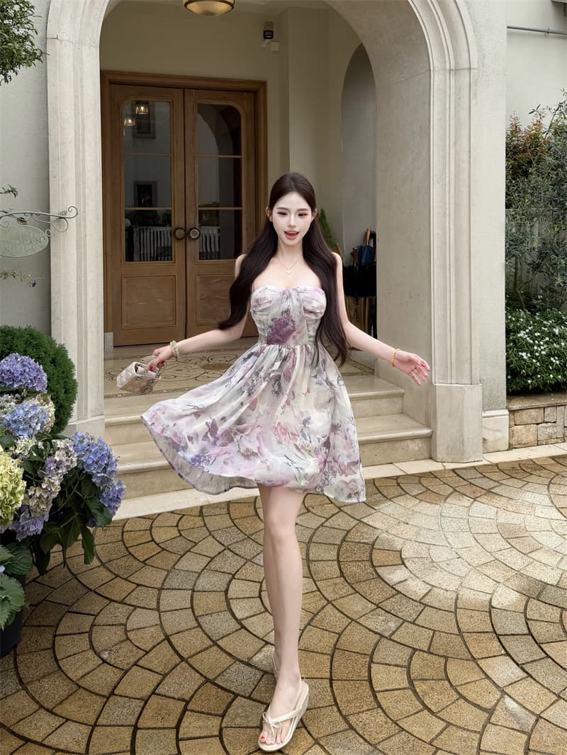 여름 도루 센스 낭만적 인 기질 허리 수축 행침 목 치마 튜브탑 벨트 가슴 패드 드레스 상세 이미지 13