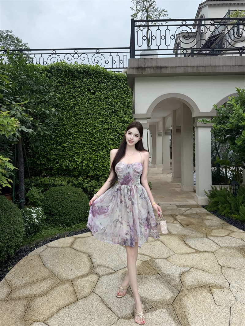 여름 도루 센스 낭만적 인 기질 허리 수축 행침 목 치마 튜브탑 벨트 가슴 패드 드레스 상세 이미지 14