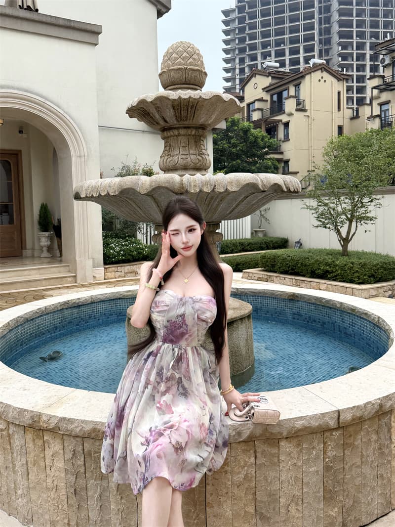 여름 도루 센스 낭만적 인 기질 허리 수축 행침 목 치마 튜브탑 벨트 가슴 패드 드레스 상세 이미지 15