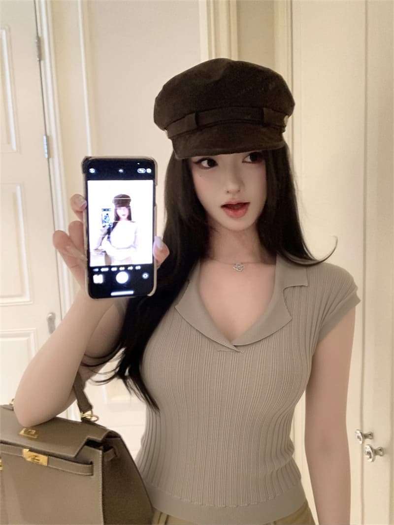 V넥 작은 날다 소매 털 짠 셔츠 여성 여름 다용도 맨위 이미지 2