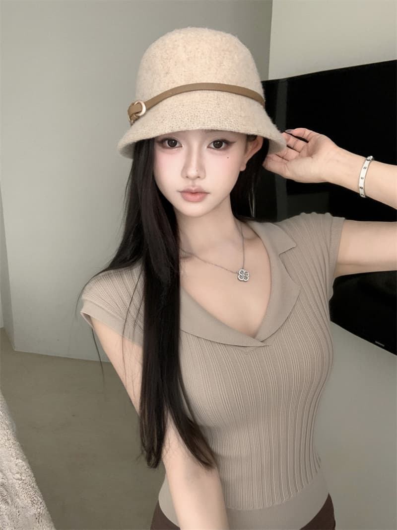 V넥 작은 날다 소매 털 짠 셔츠 여성 여름 다용도 맨위 이미지 4