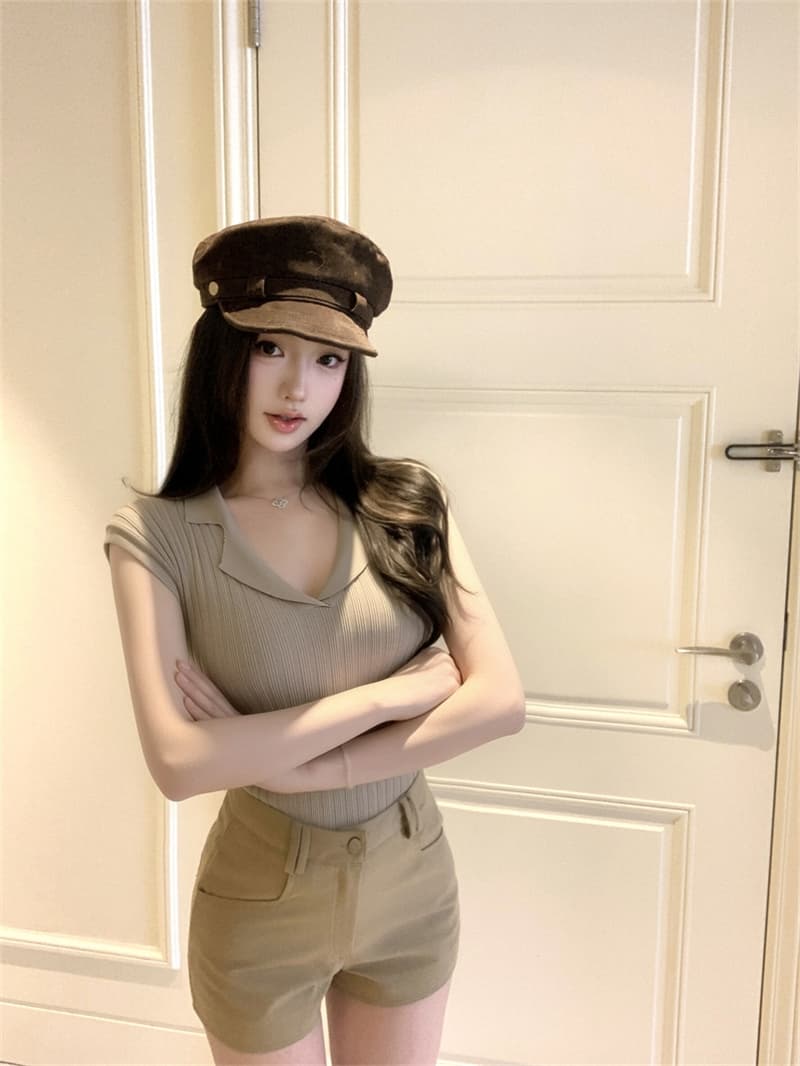 V넥 작은 날다 소매 털 짠 셔츠 여성 여름 다용도 맨위 상세 이미지 4