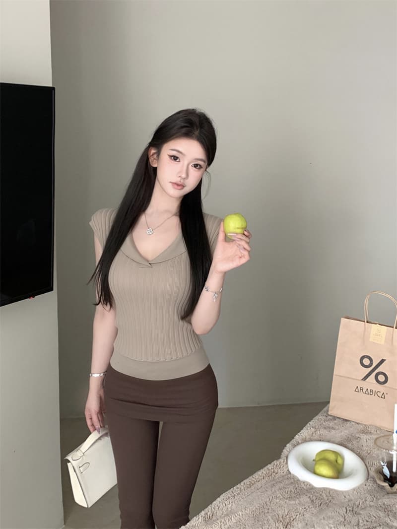 V넥 작은 날다 소매 털 짠 셔츠 여성 여름 다용도 맨위 상세 이미지 6