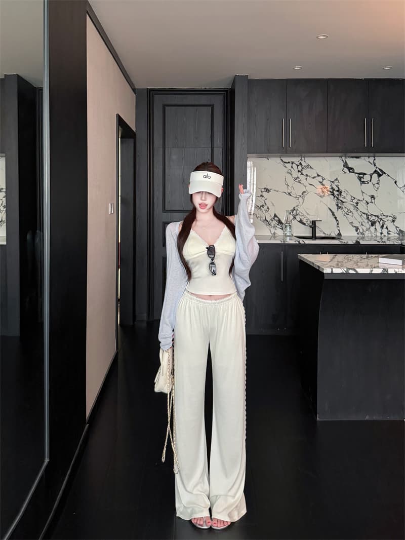 단색 슬립 패치워크 새싹 리본 가슴 패드 캐주얼 긴 바지 세트 다용도 오픈 가디건 상세 이미지 1