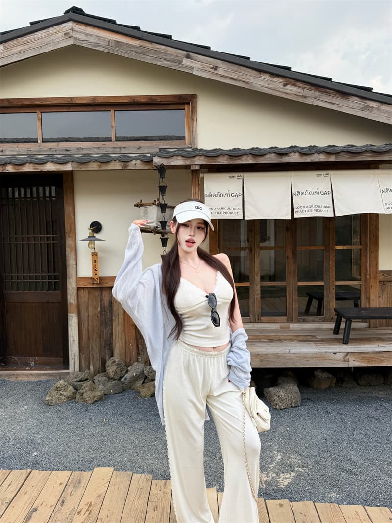 단색 슬립 패치워크 새싹 리본 가슴 패드 캐주얼 긴 바지 세트 다용도 오픈 가디건 상세 이미지 9