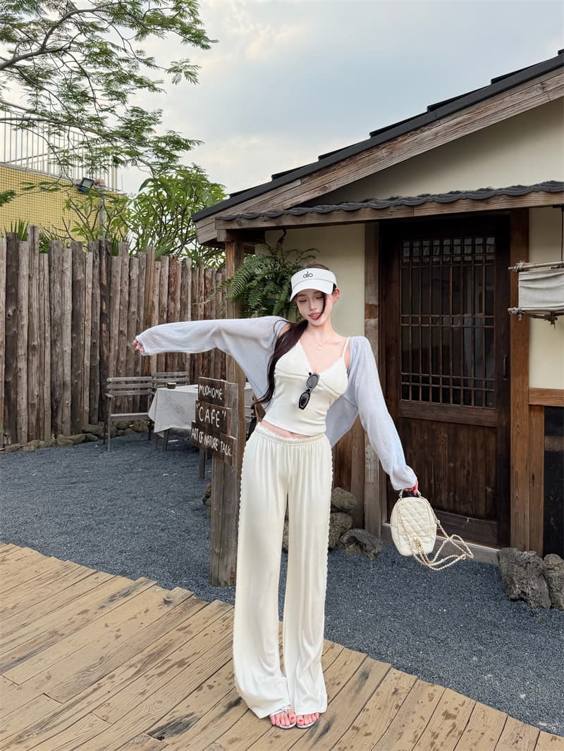 단색 슬립 패치워크 새싹 리본 가슴 패드 캐주얼 긴 바지 세트 다용도 오픈 가디건 상세 이미지 10