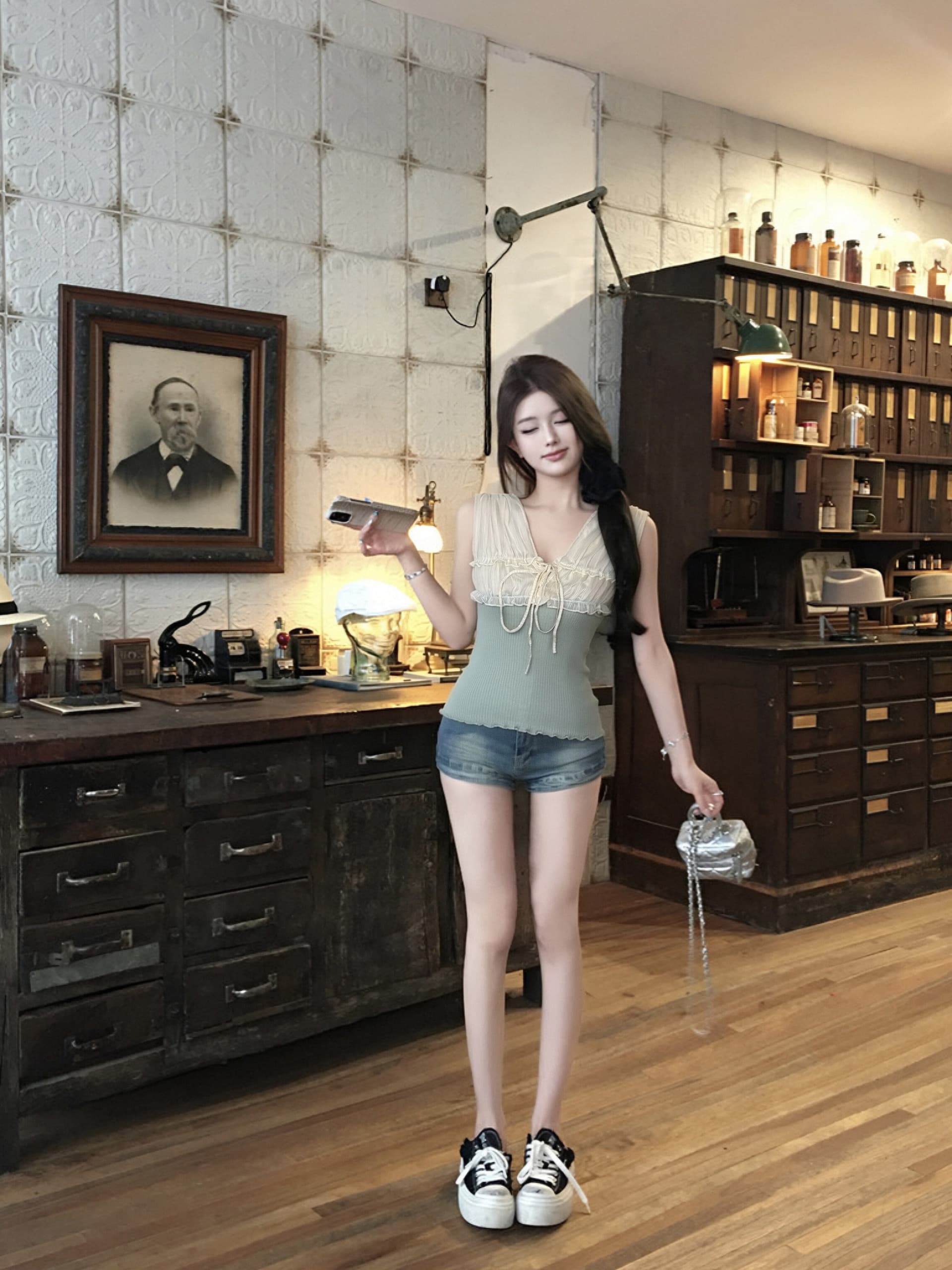 순수한 욕망 배색 레이스업 쉬폰 패치워크 조끼 여성 몸매 가꾸기 슈퍼 잘 생긴 맨위 상세 이미지 2