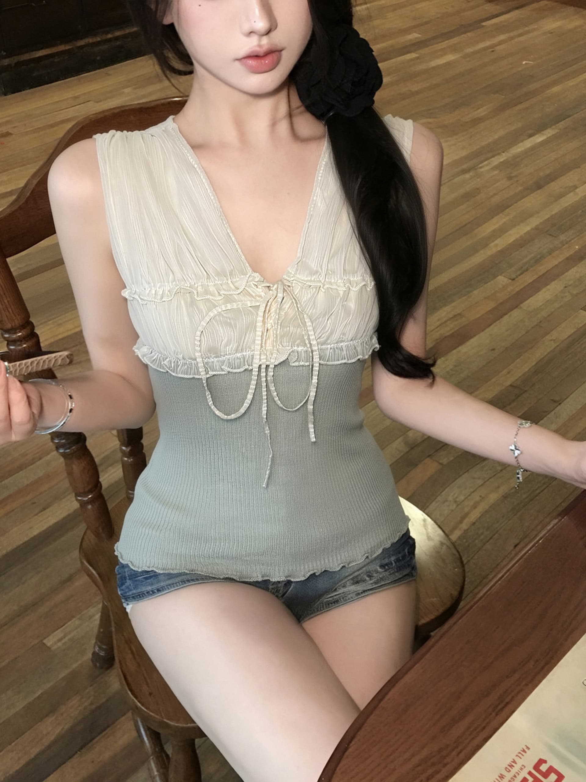 순수한 욕망 배색 레이스업 쉬폰 패치워크 조끼 여성 몸매 가꾸기 슈퍼 잘 생긴 맨위 상세 이미지 4