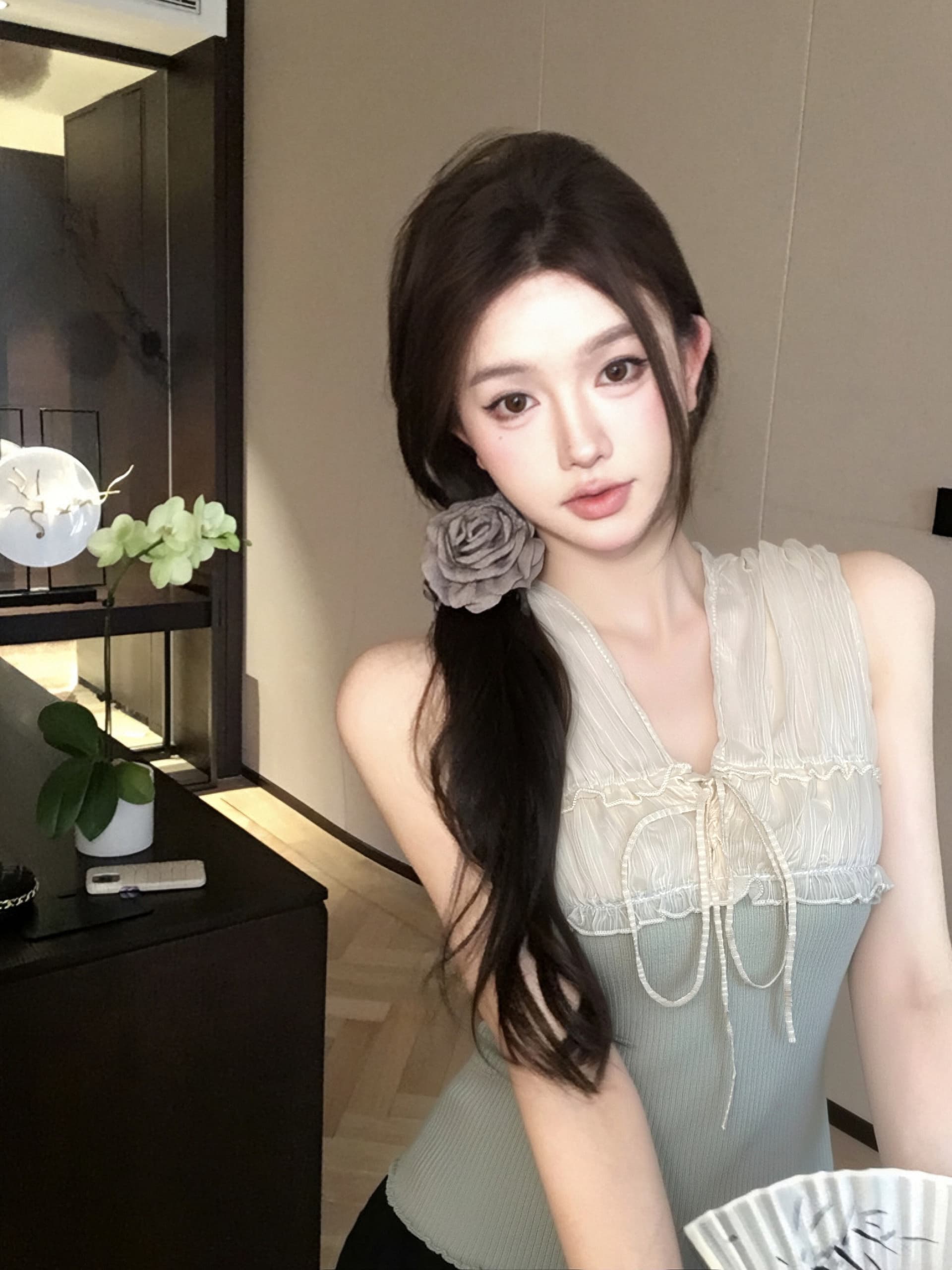 순수한 욕망 배색 레이스업 쉬폰 패치워크 조끼 여성 몸매 가꾸기 슈퍼 잘 생긴 맨위 상세 이미지 5