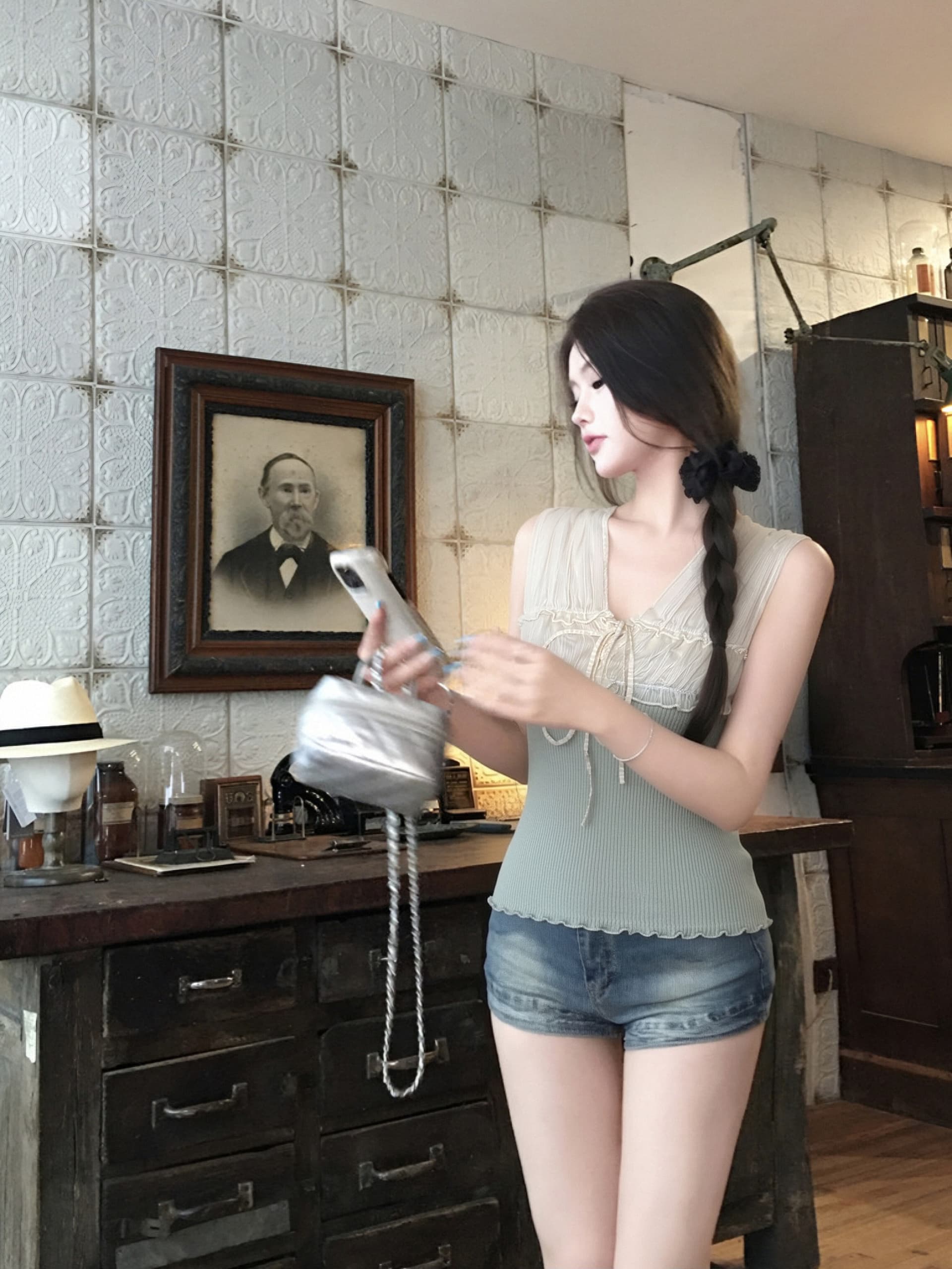 순수한 욕망 배색 레이스업 쉬폰 패치워크 조끼 여성 몸매 가꾸기 슈퍼 잘 생긴 맨위 상세 이미지 10