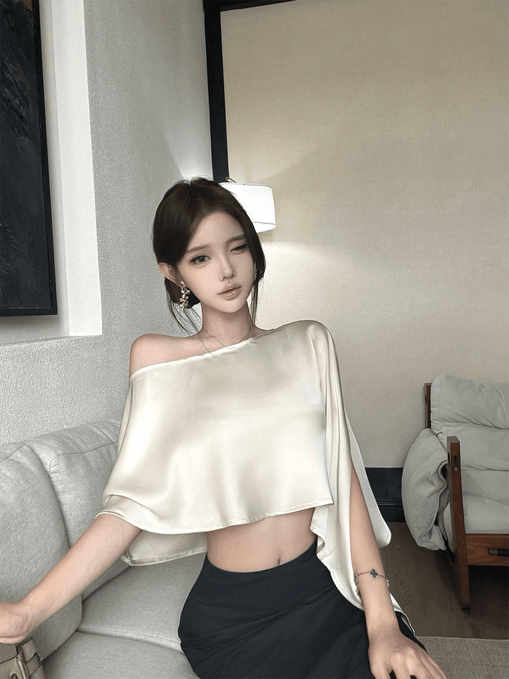비대칭 비스듬한 어깨 도루 센스 블라우스 맨위 반신 치마 세트 이미지 2