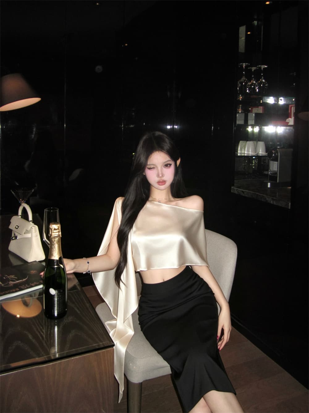 비대칭 비스듬한 어깨 도루 센스 블라우스 맨위 반신 치마 세트 상세 이미지 9