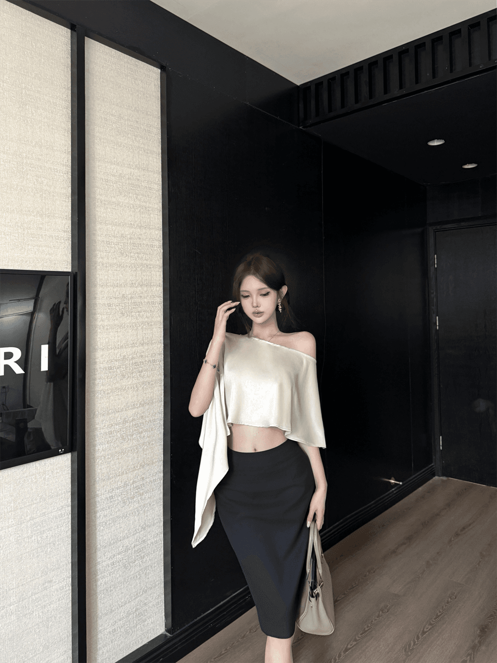 비대칭 비스듬한 어깨 도루 센스 블라우스 맨위 반신 치마 세트 상세 이미지 11