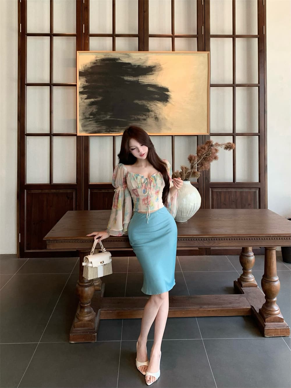 수채화 물감 헤일로 염색 꽃무늬 쉬폰 블라우스 광장 칼라 디자인 센스 명중 가져 가라. 맨위 하이웨이스트 슬림해 보이는 인어 꼬리 스커트 상세 이미지 1