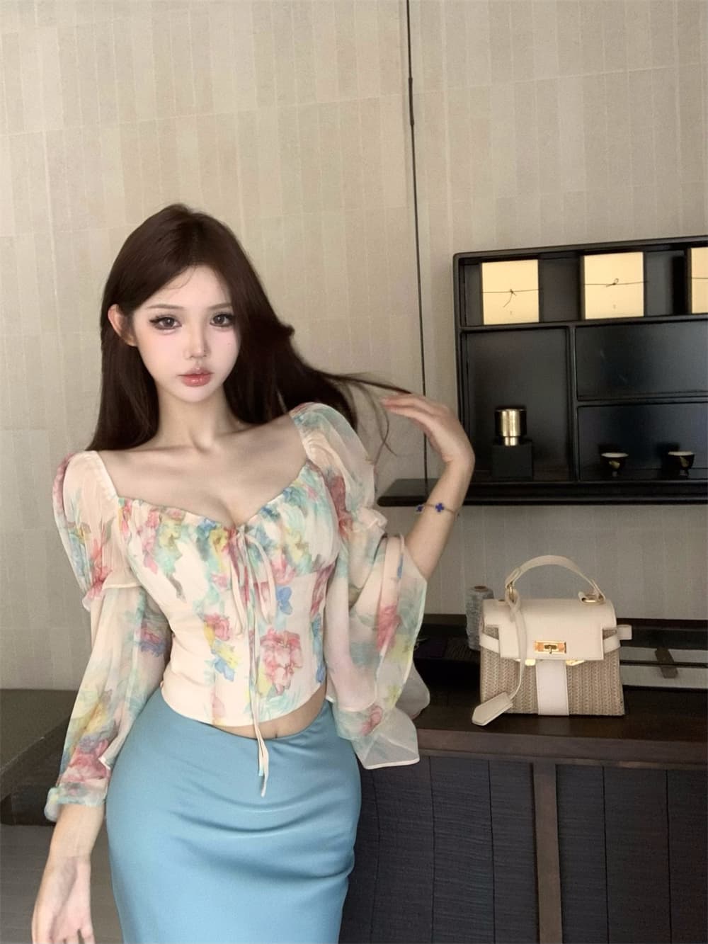 수채화 물감 헤일로 염색 꽃무늬 쉬폰 블라우스 광장 칼라 디자인 센스 명중 가져 가라. 맨위 하이웨이스트 슬림해 보이는 인어 꼬리 스커트 상세 이미지 10