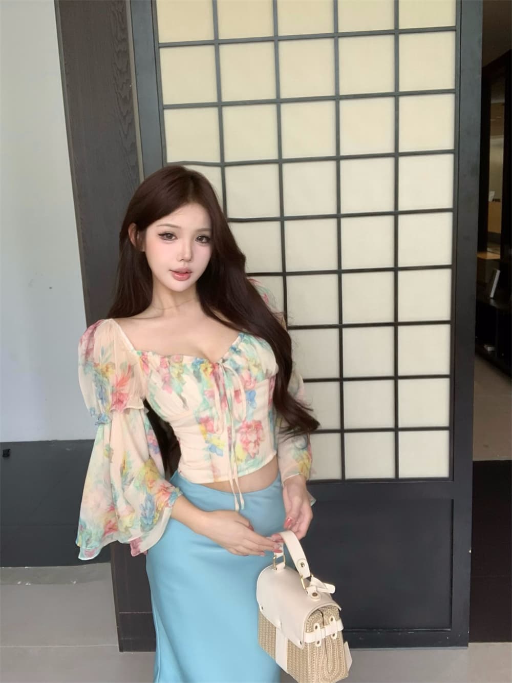 수채화 물감 헤일로 염색 꽃무늬 쉬폰 블라우스 광장 칼라 디자인 센스 명중 가져 가라. 맨위 하이웨이스트 슬림해 보이는 인어 꼬리 스커트 상세 이미지 16