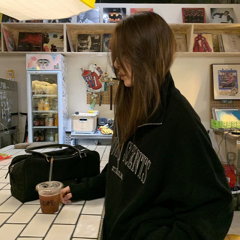 물고기 규모 한국 스타일 소금 부서 느긋한 루즈핏 polo 반하이넥 후드티 지퍼 캐주얼 재킷 상세 이미지 4