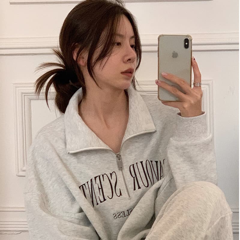 물고기 규모 한국 스타일 소금 부서 느긋한 루즈핏 polo 반하이넥 후드티 지퍼 캐주얼 재킷 상세 이미지 1
