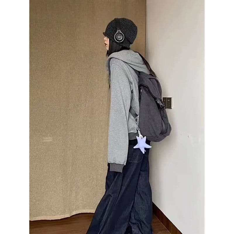 한국 스타일 배색 패치워크 자수 후드 배색 후드티 여성 루즈핏 카디건 코트 이미지 3