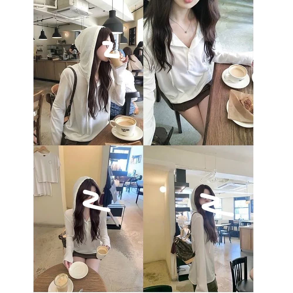 사람들 면 200그램 작은 대중 다용도 헨리 칼라 느슨함 후드 긴팔 티셔츠 여성 새로운 슬림해 보이는 맨위 이미지 5