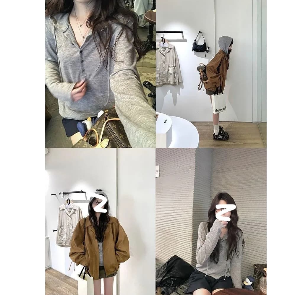 사람들 면 200그램 작은 대중 다용도 헨리 칼라 느슨함 후드 긴팔 티셔츠 여성 새로운 슬림해 보이는 맨위 상세 이미지 2