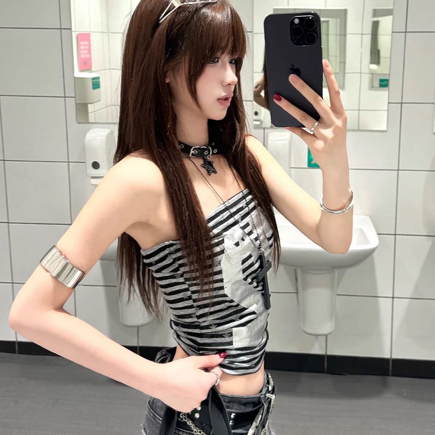 좋은 면 아메리칸 재 작업 디자인 센스 블랙 회색 스트라이프 뜨거운 은 알파벳 튜브탑 조끼 여성 허리 수축 슬림해 보이는 슬립 맨위 상세 이미지 5