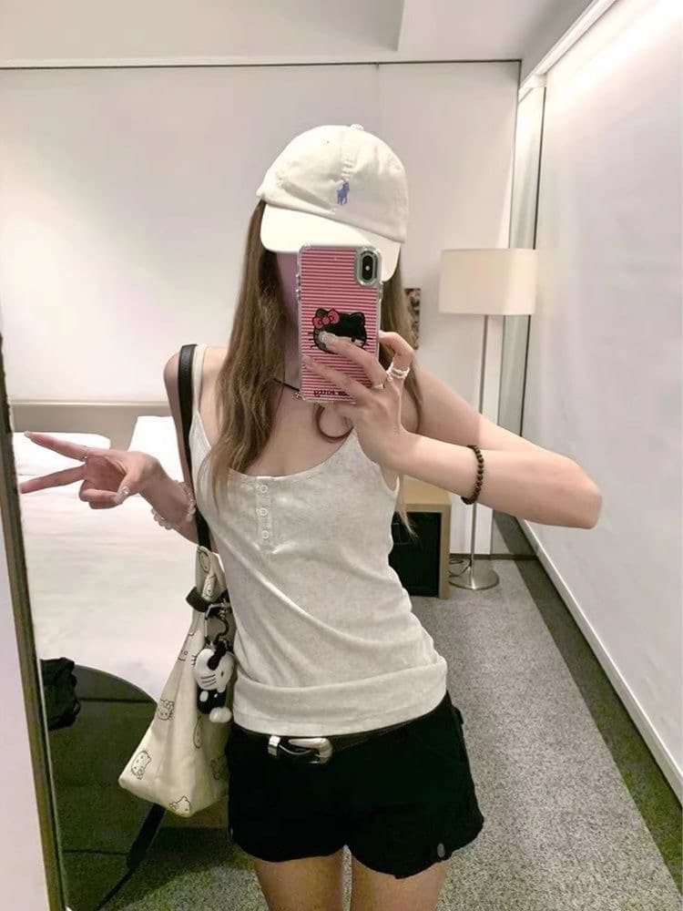 260 그램 사람들 면 모달 단추 u 칼라 캐미솔 몸매 가꾸기 슬림해 보이는 민소매 맨위 상세 이미지 1