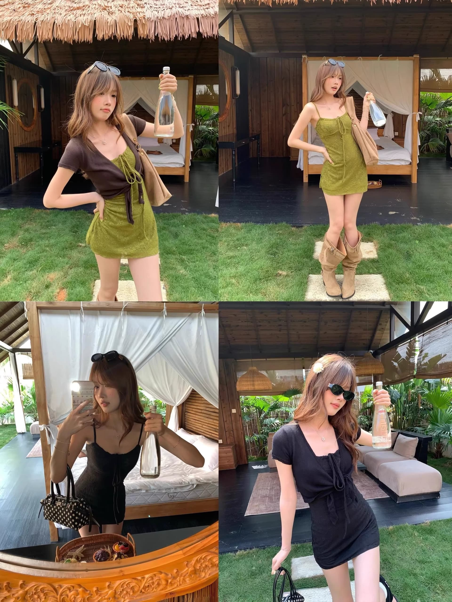 레트로 올리브 그린 자카드 레이스업 슬립 여성 드레스 여름 순수한 욕망 핫걸 허리 수축 슬림해 보이는 타이트 스커트 한 마디 미니 스커트 이미지 2
