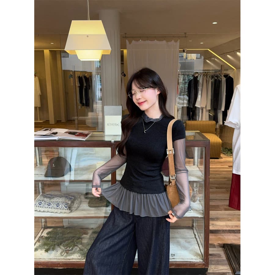 40 1 1 순면 2026 새로운 한 부서 망사 패치워크 페이크 레이어드 몸매 가꾸기 슬림해 보이는 긴팔 티셔츠 상세 이미지 1