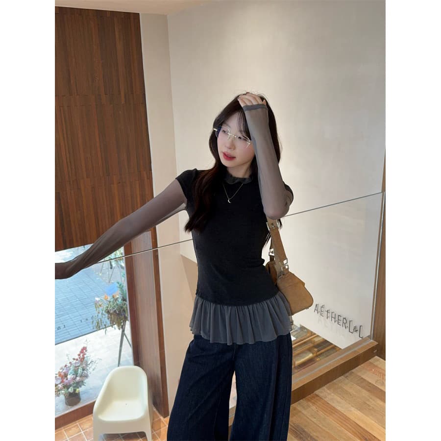 40 1 1 순면 2026 새로운 한 부서 망사 패치워크 페이크 레이어드 몸매 가꾸기 슬림해 보이는 긴팔 티셔츠 상세 이미지 2