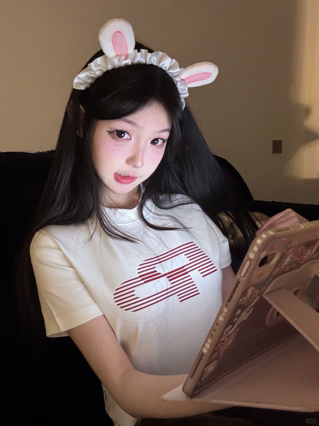 아메리칸 레트로 긍정적 인 어깨 라운드 넥 프린트 반팔 티셔츠 이미지 4