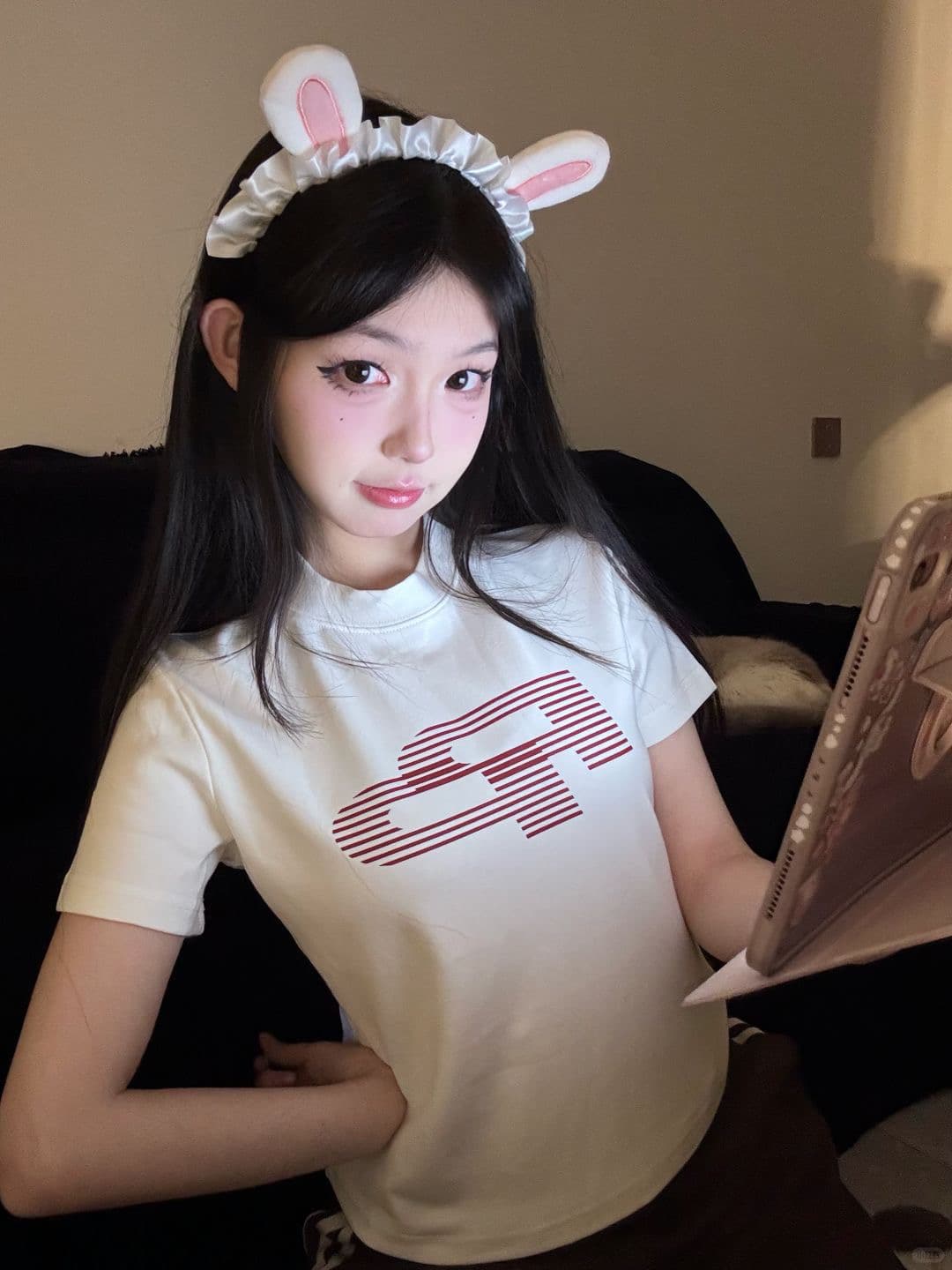아메리칸 레트로 긍정적 인 어깨 라운드 넥 프린트 반팔 티셔츠 상세 이미지 2