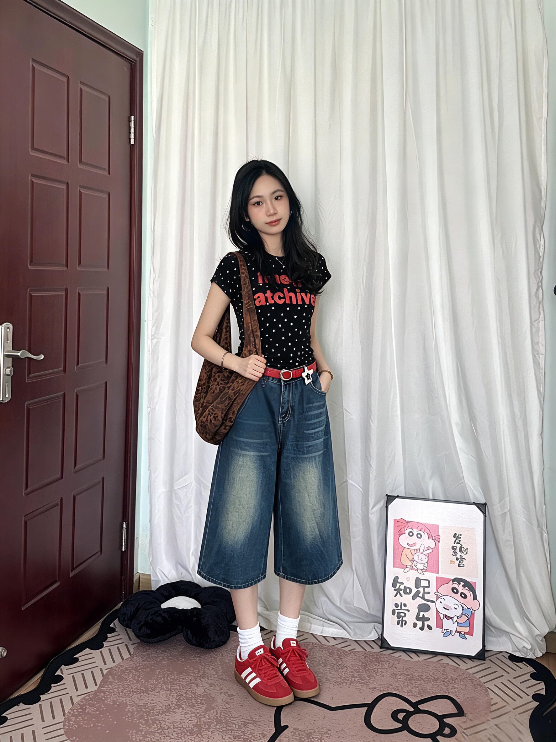 아메리칸 레트로 도트 무늬 긍정적 인 어깨 라운드 넥 프린트 반팔 티셔츠 이미지 2