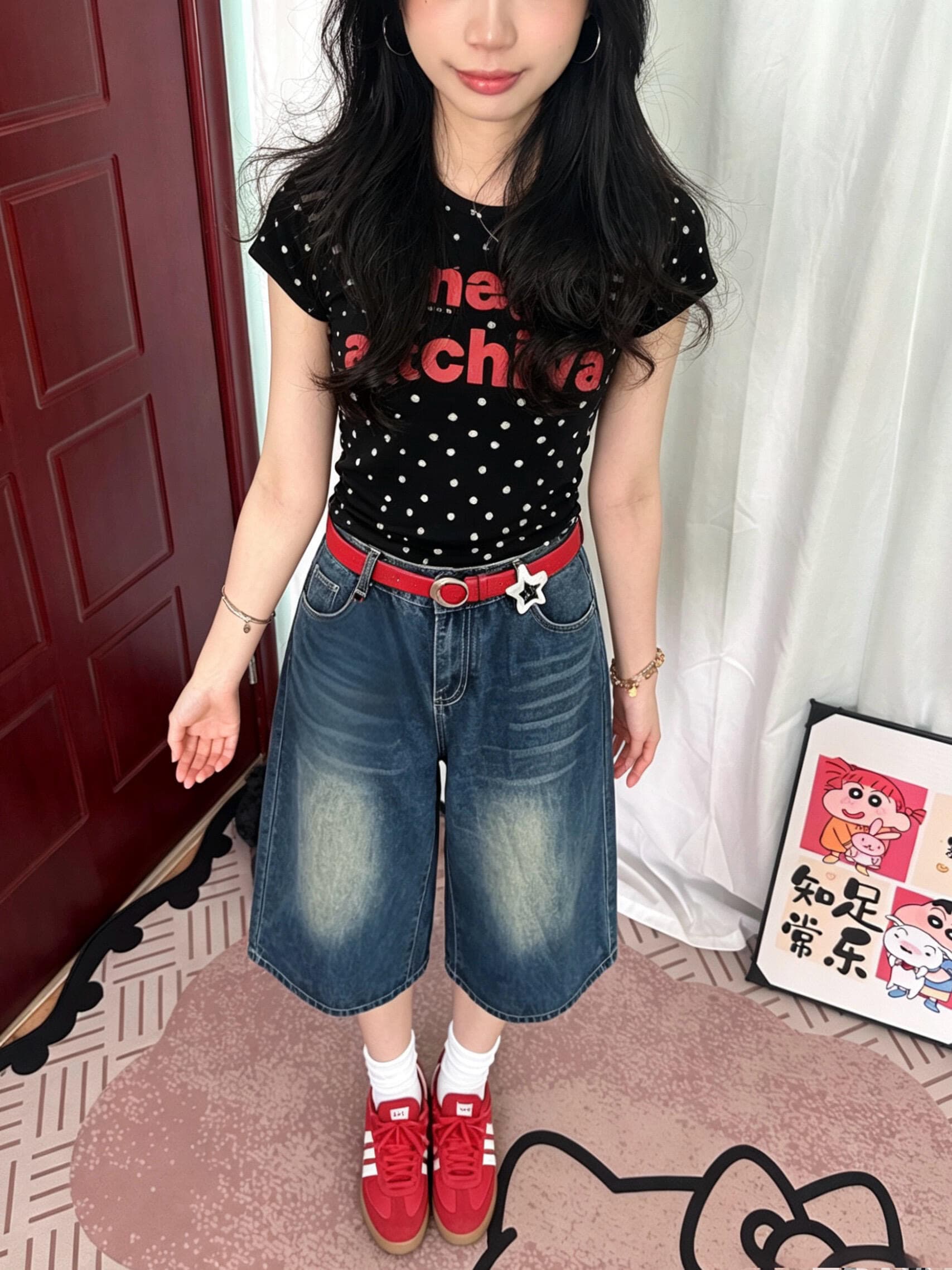 아메리칸 레트로 도트 무늬 긍정적 인 어깨 라운드 넥 프린트 반팔 티셔츠 이미지 3