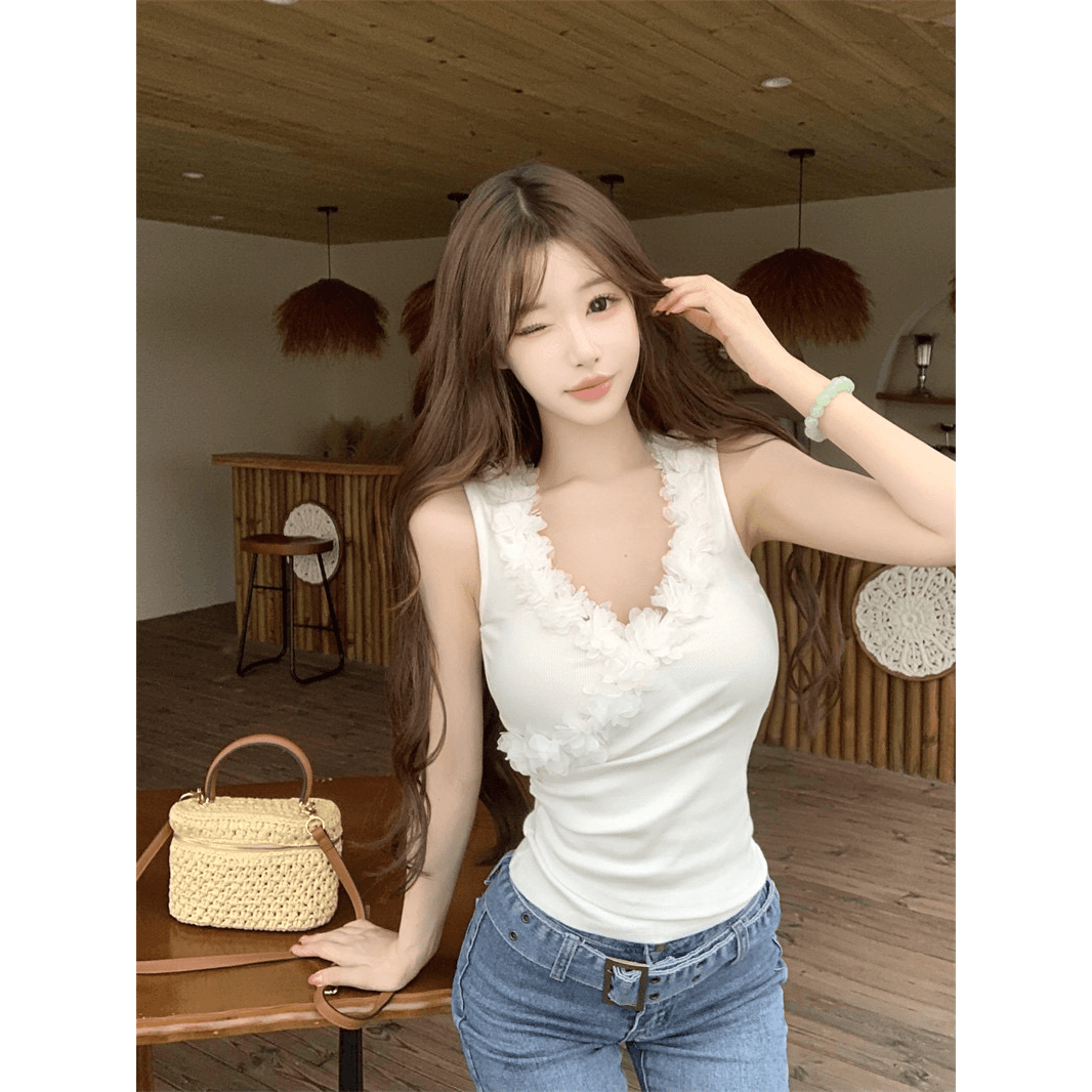 260 그램 사람들 면 화이트 3 차원 꽃 작은 대중 V넥 조끼 여성 여름 핫걸 몸매 가꾸기 슬림해 보이는 민소매 반코트 이미지 5