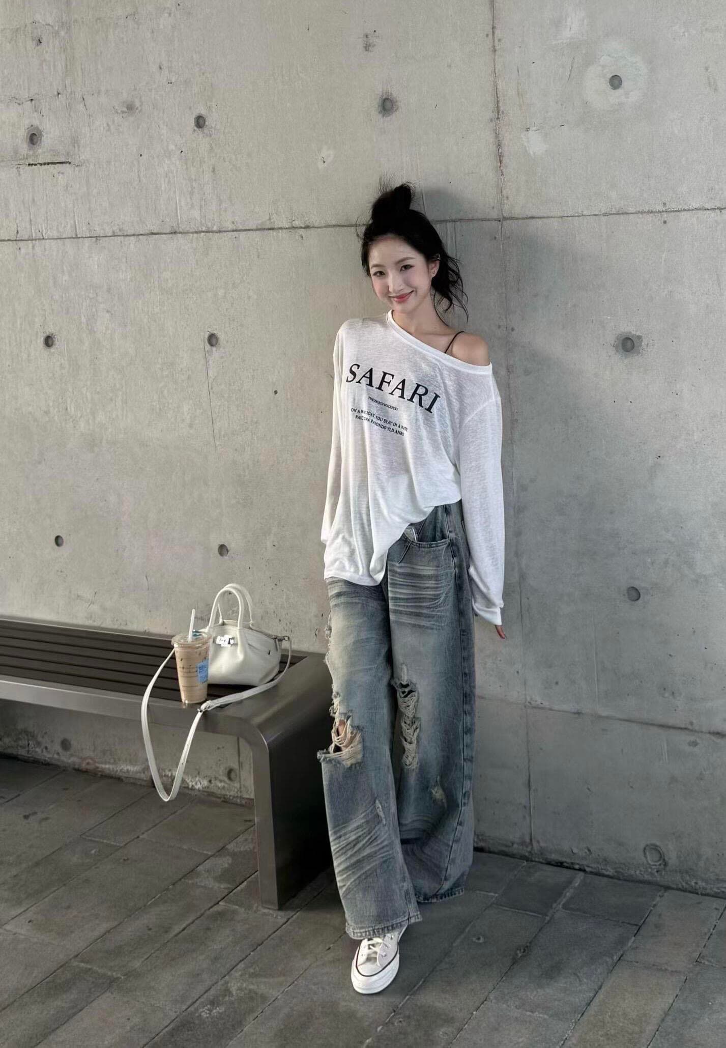 한국 스타일 눈꽃 면 비스듬한 어깨 티셔츠 자외선 차단 기본 셔츠 블라우스 통기성 루즈핏 이미지 4