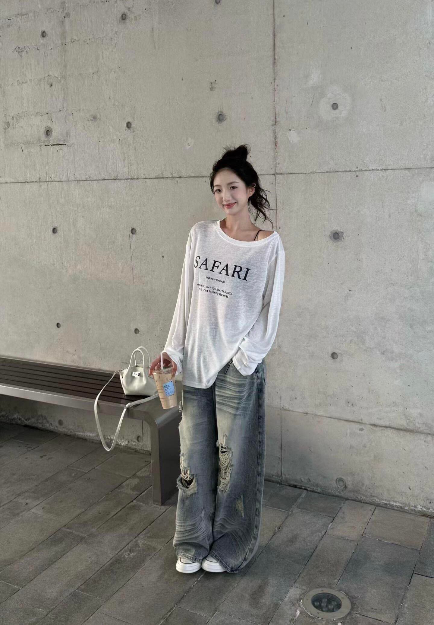 한국 스타일 눈꽃 면 비스듬한 어깨 티셔츠 자외선 차단 기본 셔츠 블라우스 통기성 루즈핏 상세 이미지 5
