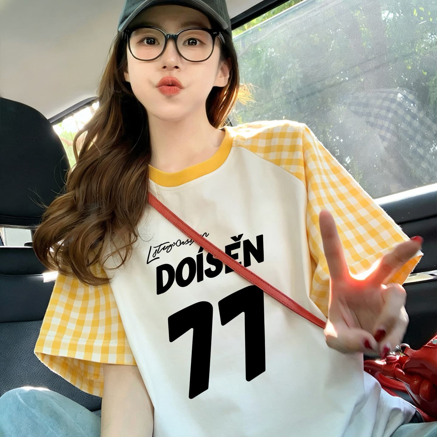 220 그램 순면 이후 패키지 칼라 체크무늬 배색 삽입 어깨 반팔 티셔츠 여성 2026 여름 이미지 2