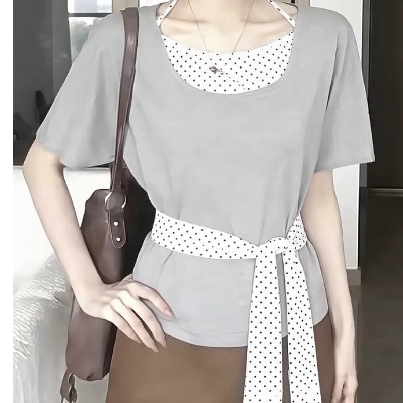 한 부서 핫걸 바람 페이크 레이어드 티셔츠 여성 여름 도트 무늬 패치워크 레이스업 행침 목 오프숄더 티셔츠 몸매 가꾸기 다용도 맨위 이미지 3