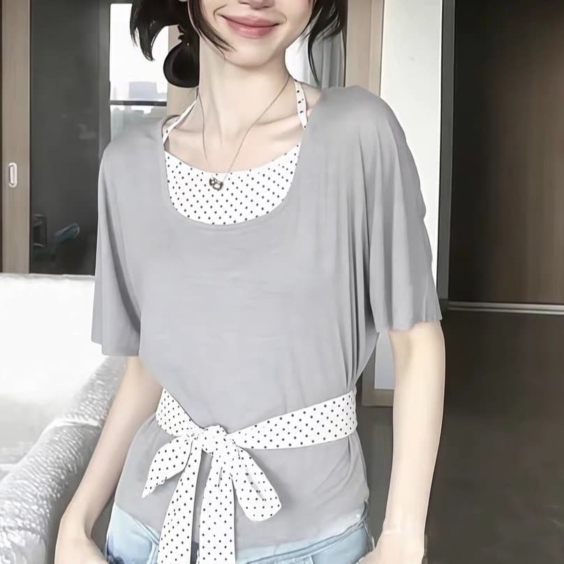 한 부서 핫걸 바람 페이크 레이어드 티셔츠 여성 여름 도트 무늬 패치워크 레이스업 행침 목 오프숄더 티셔츠 몸매 가꾸기 다용도 맨위 상세 이미지 1