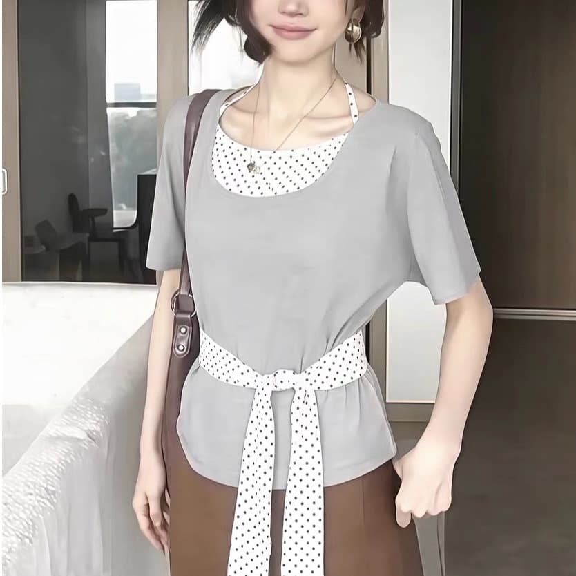 한 부서 핫걸 바람 페이크 레이어드 티셔츠 여성 여름 도트 무늬 패치워크 레이스업 행침 목 오프숄더 티셔츠 몸매 가꾸기 다용도 맨위 상세 이미지 3