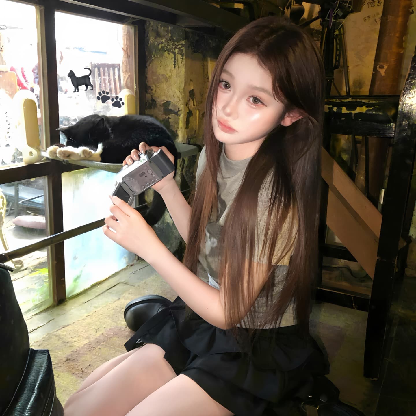 210 그램 95 면 40s 오스트리아 델 고양이 프린트 몸매 가꾸기 반팔 티셔츠 이미지 5