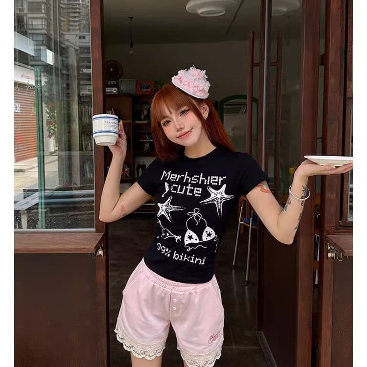 달콤한 핫걸 알파벳 창의성 프린트 반팔 티셔츠 여름 새로운 순면 몸매 가꾸기 슬림해 보이는 긍정적 인 어깨 의류 여성 상세 이미지 4